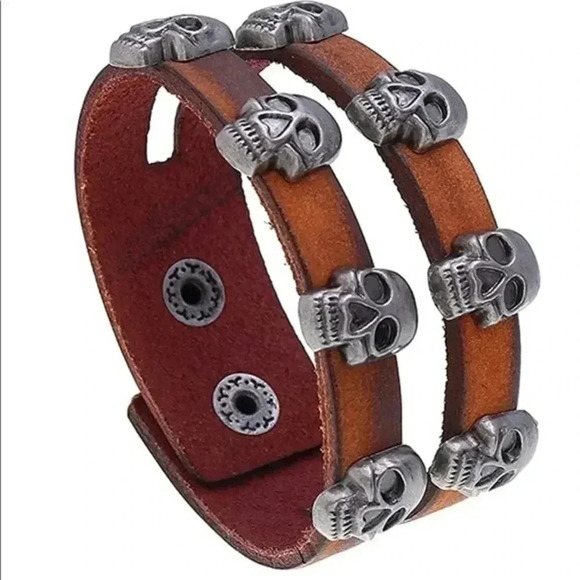 Handcrafted Leather Skulls Celtic Viking Pirate Cuff Snap Brown Bracelet NWT - Picture 1 of 3